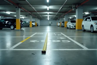 Vue grand angle d'un parking souterrain avec marquages au sol blancs délimitant les places, avec un mètre ruban illustrant les dimensions standard