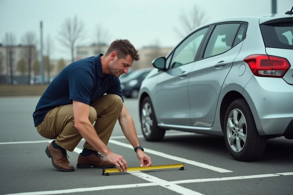 Homme mesurant la largeur d'une place de parking public extérieur avec un mètre ruban jaune posé sur le marquage blanc au sol