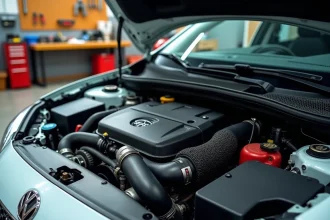 Compartiment moteur turbo d'une Peugeot 208 GTi ouvert dans un garage, montrant le rail d'injection et les durites après une reprogrammation moteur