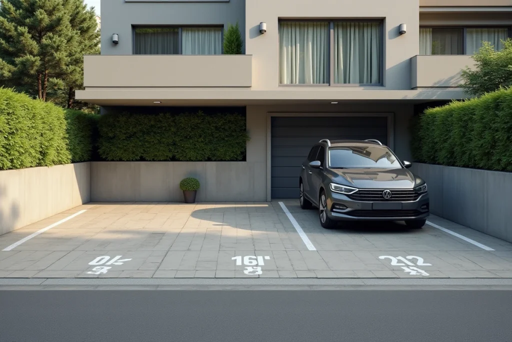 Parking privé résidentiel avec deux places numérotées délimitées par des marquages au sol, séparé de la voie publique par un muret, illustrant les différences de dimensions avec un parking public