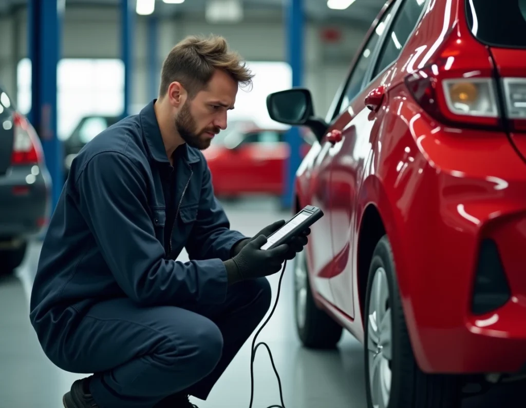 Technicien automobile diagnostiquant un code défaut P0087 sur une Peugeot 208 GTi avec un scanner OBD2 dans un atelier professionnel