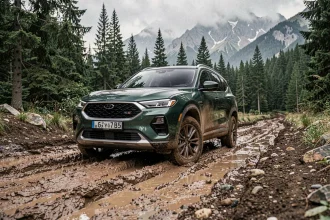 Voiture 4x4 électrique moderne gravissant un chemin de montagne boueux et rocailleux entouré de forêt de pins