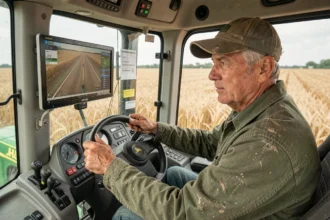 Agriculteur en cabine de tracteur utilisant une barre de guidage GPS pour l'agriculture de précision dans un champ de blé
