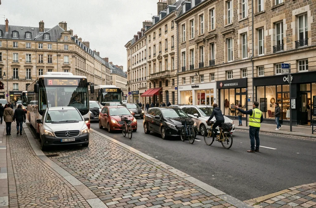 Carrefour urbain de Rennes saturé par les bouchons avec bus, cyclistes et piétons dans la circulation perturbée