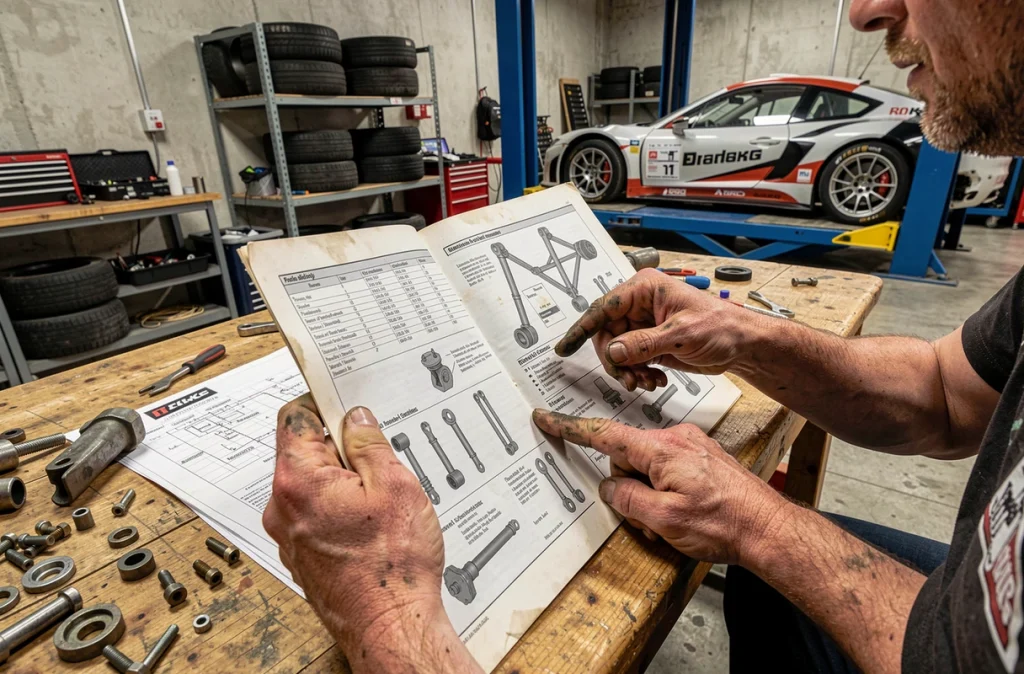 Mains d'un débutant en sport automobile consultant un catalogue de pièces détachées Mikado Racing dans un atelier de course