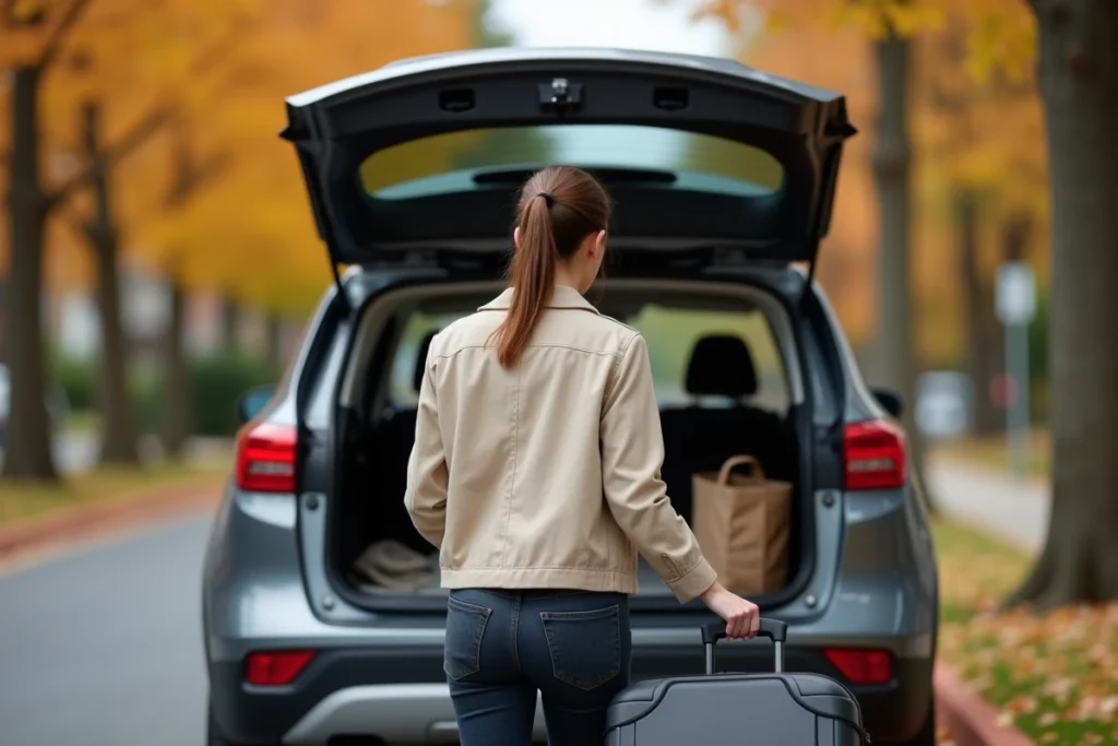 Femme chargeant une valise dans le coffre d'un SUV compact gris en rue, test d'espace de chargement pratique