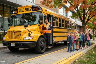 Chauffeur de bus scolaire vérifiant les nouvelles normes de sécurité avant l'embarquement des élèves devant une école