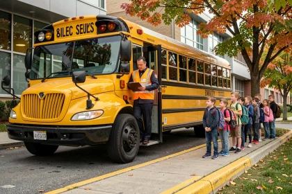 Chauffeur de bus scolaire vérifiant les nouvelles normes de sécurité avant l'embarquement des élèves devant une école