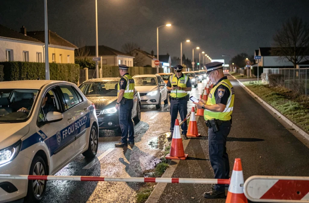 Vue large d'un contrôle routier nocturne avec plusieurs policiers et une file de voitures arrêtées sur une route urbaine française