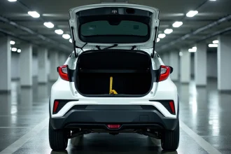Coffre ouvert d'un Toyota C-HR blanc mesuré dans un parking souterrain, comparaison de l'espace de chargement