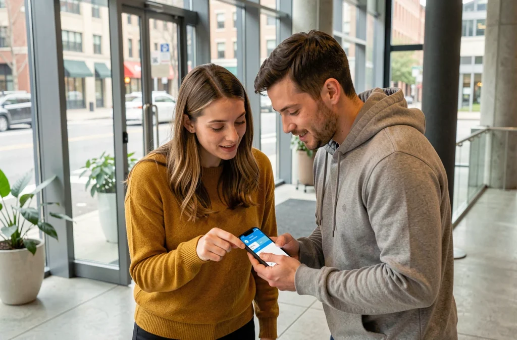Deux collègues consultant ensemble une application mobile de covoiturage et de transport en commun devant un immeuble de bureaux