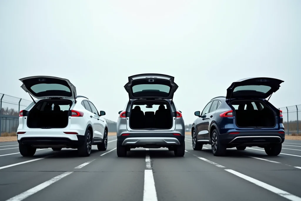 Comparaison de trois coffres de SUV compacts ouverts côte à côte sur un site de test automobile, évaluation de l'espace de chargement