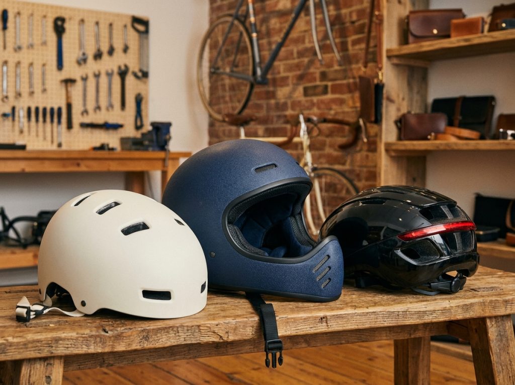 Trois casques vélo urbains aux designs différents posés sur un banc en bois dans un magasin de cycles