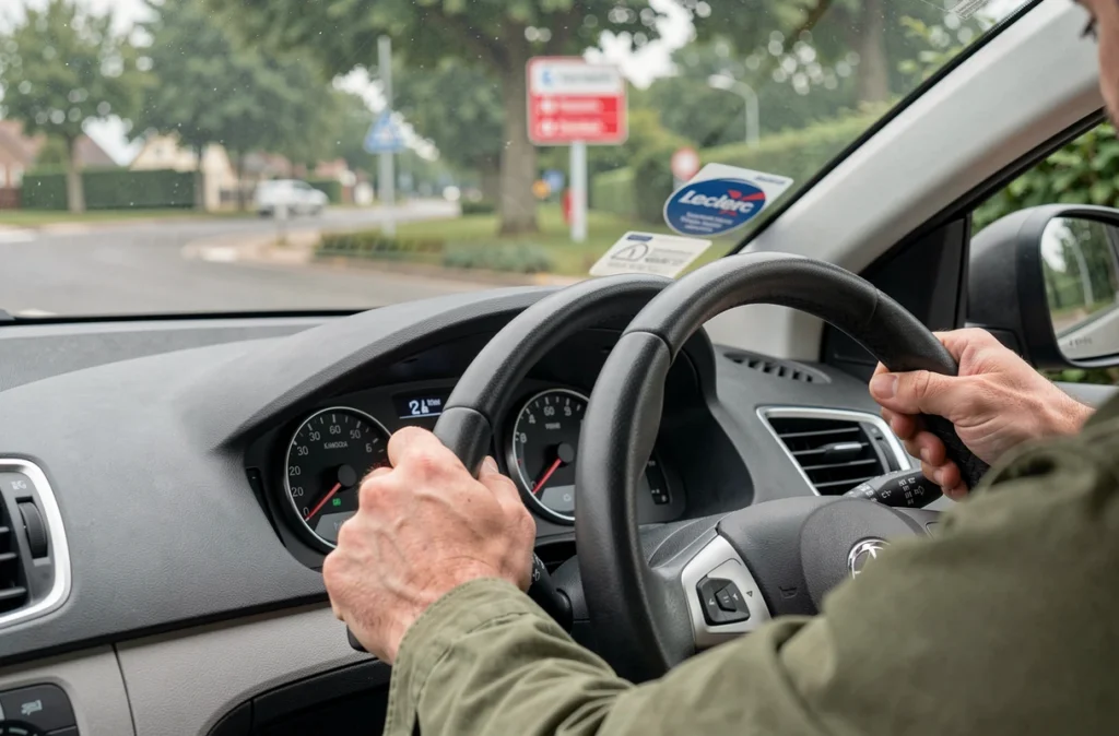 Tableau de bord et compteur kilométrique d'une voiture de location longue durée Leclerc sur route française