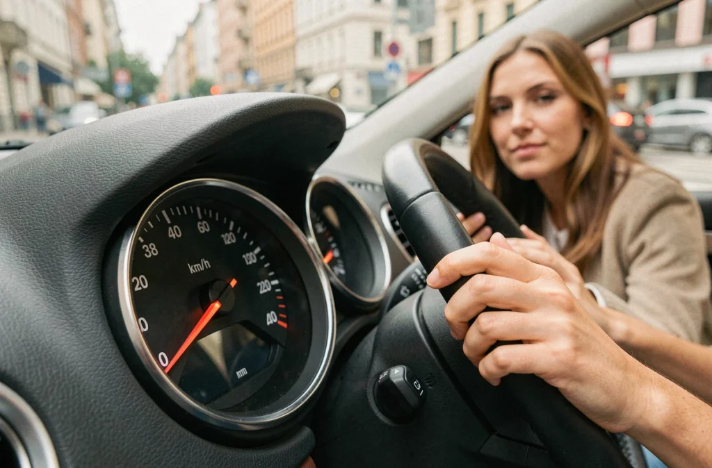 Tableau de bord de voiture affichant 48 km/h équivalent à 30 mph avec conductrice en arrière-plan