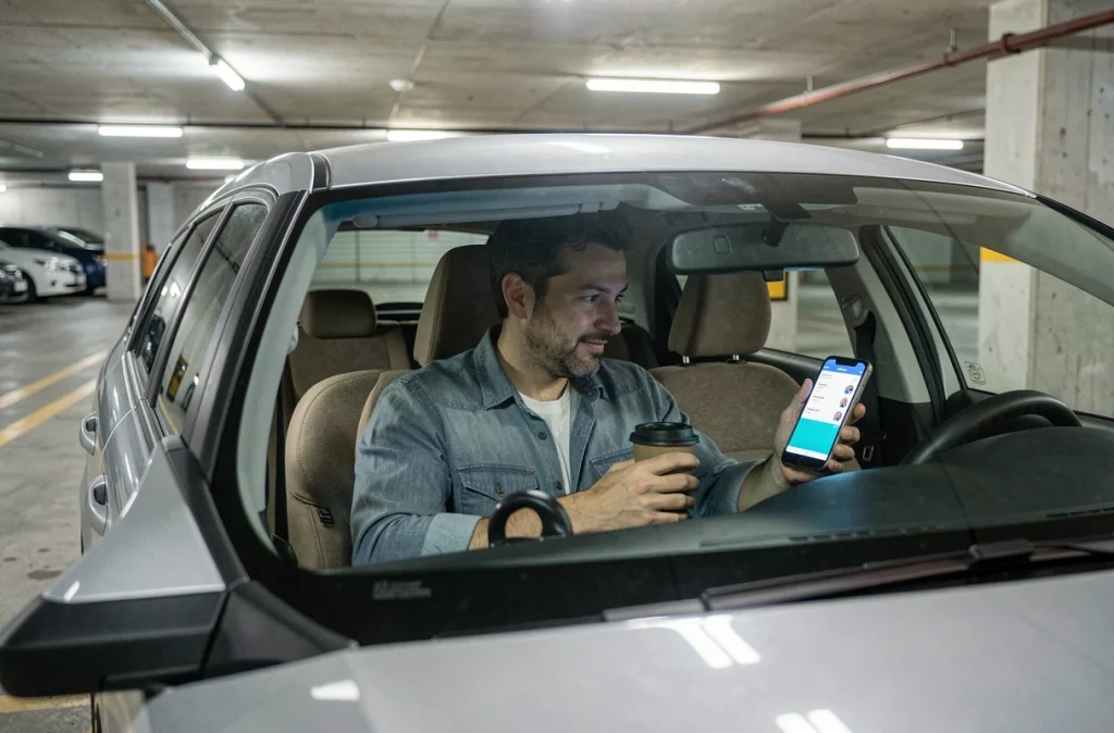 Un conducteur de covoiturage consulte son application de mise en relation depuis son véhicule garé dans un parking souterrain urbain