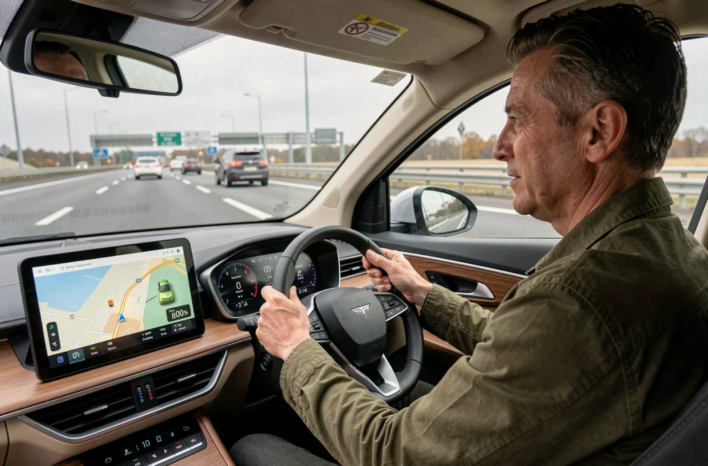 Conducteur au volant d'une voiture électrique sur autoroute affichant l'autonomie et la navigation
