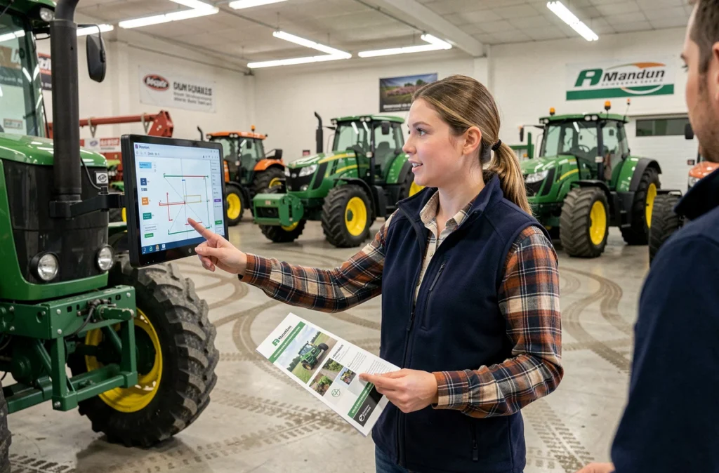 Conseillère agricole présentant une barre de guidage de précision à un client dans une concession de matériel agricole