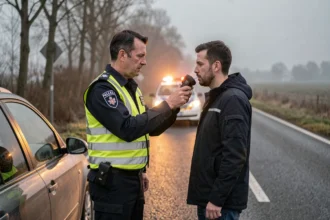 Gendarme faisant souffler un conducteur dans un éthylotest lors d'un contrôle routier sur route départementale en France