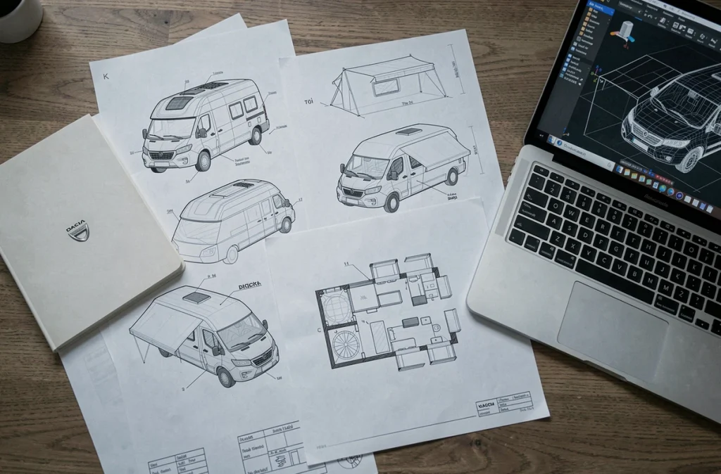 Plans de brevets et esquisses de conception du futur camping-car Dacia 2026 sur un bureau d'ingénierie