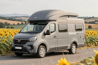 Concept de camping-car Dacia 2026 garé sur une route de campagne française entourée de champs de tournesols