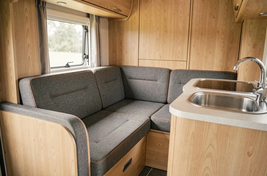 Intérieur minimaliste et modulable du camping-car Dacia 2026 avec banquette convertible et cuisine compacte