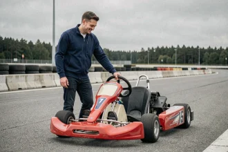 Jeune débutant en sport automobile découvrant un kart de course rouge dans le paddock lors de son premier achat Mikado Racing