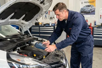 Technicien automobile diagnostiquant le système d'injection d'une Renault Clio 5 avec un scanner OBD2 dans un garage indépendant