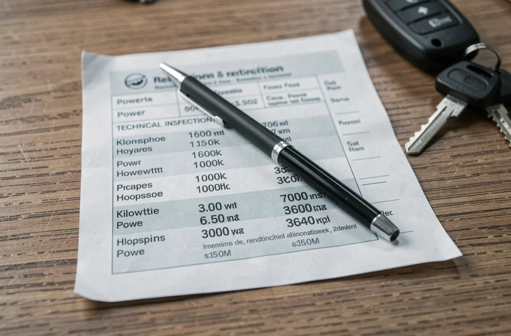 Documents techniques d'un véhicule affichant la puissance en kilowatts et l'équivalence en chevaux fiscaux posés sur un bureau en bois