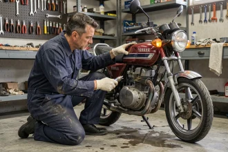 Mécanicien inspectant le moteur d'un Yamaha TZR 50cc dans un atelier moto avant la saison