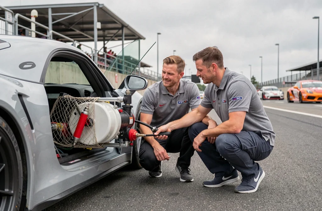 Ingénieurs contrôlant le système d'extinction et le filet de sécurité d'une Porsche GT3 Cup en paddock extérieur
