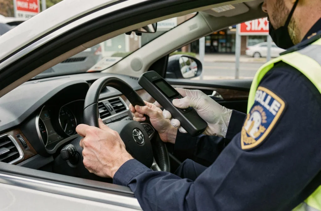 Gros plan d'un éthylotest électronique tendu par un policier vers un conducteur à travers la vitre de sa voiture lors d'un contrôle d'alcoolémie