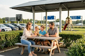 Famille avec enfants profitant d'une aire de repos autoroutière modernisée avec tables de pique-nique en bois et espace vert aménagé