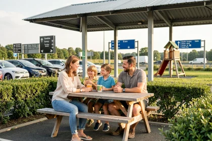 Famille avec enfants profitant d'une aire de repos autoroutière modernisée avec tables de pique-nique en bois et espace vert aménagé