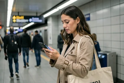 Femme consultant une application de planification de trajet sur son smartphone dans une station de métro moderne