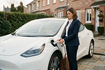 Femme branchant sa voiture électrique dans son allée résidentielle avant un trajet domicile-travail