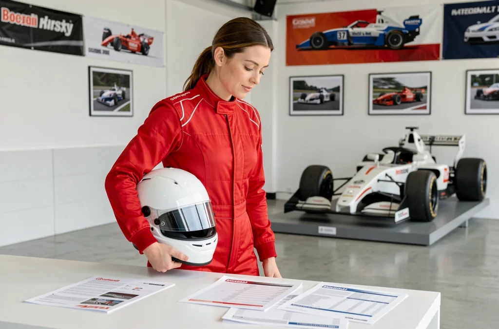 Femme débutante en sport auto consultant des fiches techniques dans un showroom Mikado Racing avec casque et combinaison de course