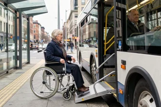 Une femme en fauteuil roulant monte dans un bus à plancher bas grâce à une rampe d'accès déployée, illustrant l'accessibilité des transports en commun pour les personnes à mobilité réduite