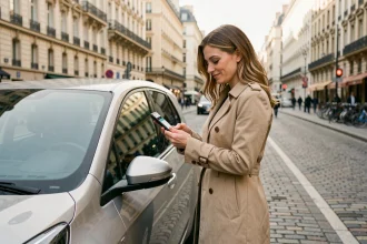 Femme utilisant une application mobile pour déverrouiller une voiture de location sans conducteur dans une rue de grande ville