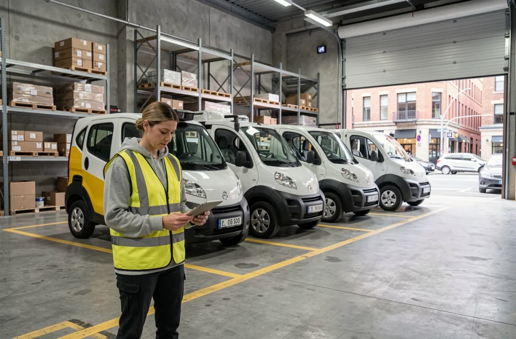 Coordinatrice logistique supervisant une flotte d'utilitaires légers électriques dans un dépôt urbain moderne