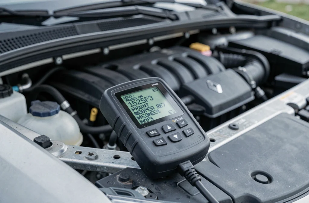 Gros plan sur l'écran d'une valise de diagnostic affichant le code Renault 1525F3 posée sur le bord d'un capot ouvert avec le moteur en arrière-plan