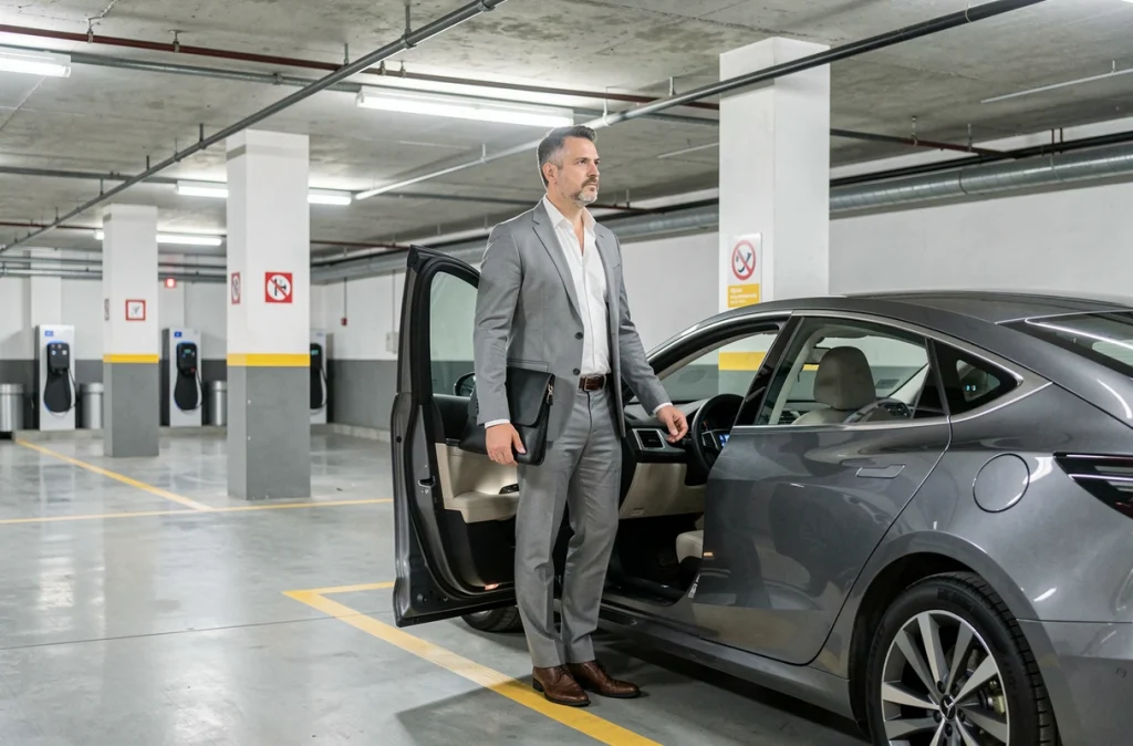 Homme d'affaires sortant d'une voiture électrique dans un parking souterrain d'entreprise