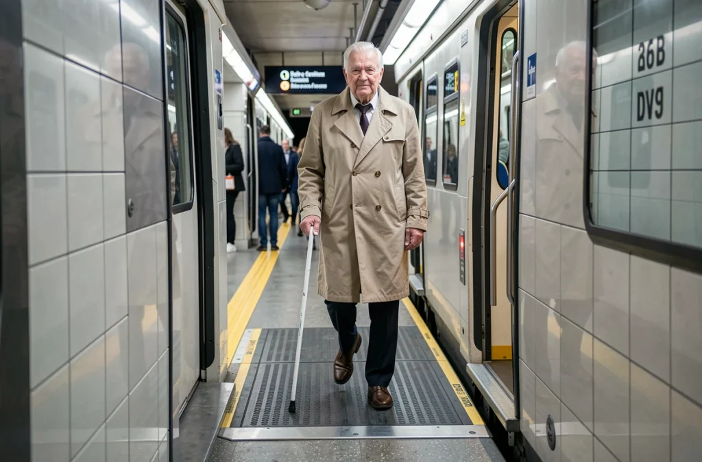 Un homme âgé malvoyant avec une canne blanche monte dans un métro équipé d'un système de nivellement automatique du quai, montrant les aménagements pour les personnes à mobilité réduite dans les transports urbains