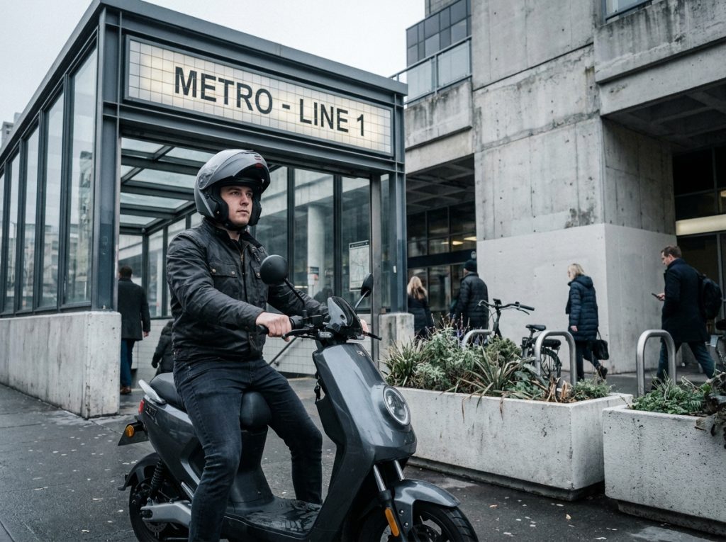 Homme avec casque moto modulable sur un scooter électrique devant une entrée de métro urbaine