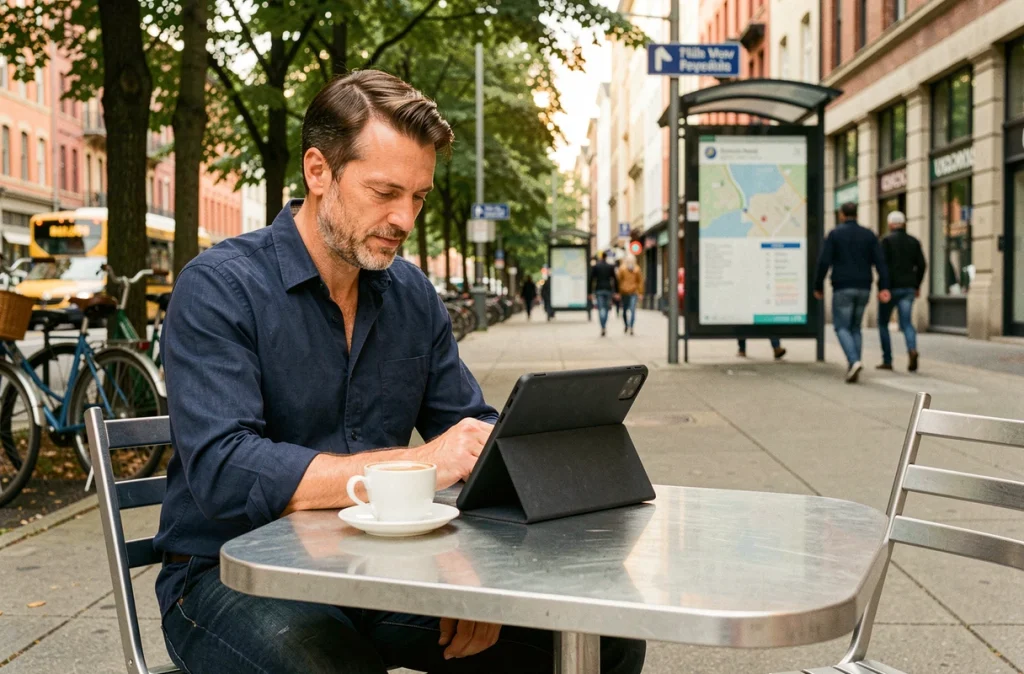 Homme planifiant son trajet quotidien avec une application mobile sur tablette en terrasse de café en ville