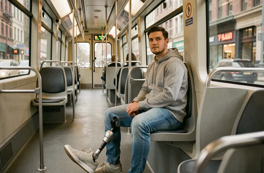 Un homme avec une prothèse de jambe assis dans l'espace réservé aux personnes à mobilité réduite à l'intérieur d'un tramway moderne, illustrant les aménagements inclusifs dans les transports en commun