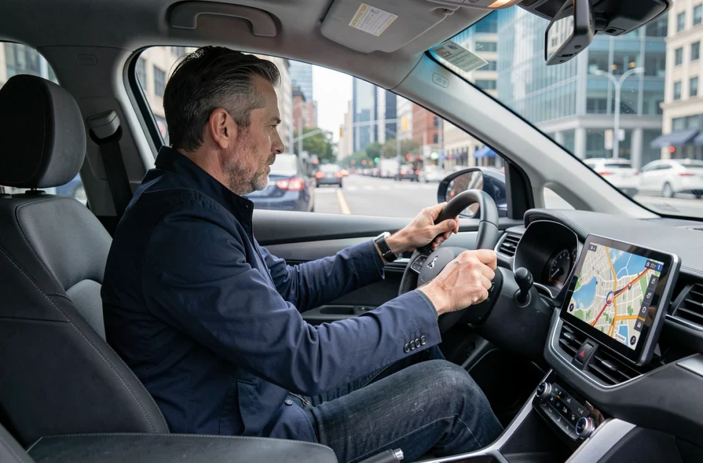 Homme au volant d'une voiture de location sans conducteur consultant la navigation GPS en ville