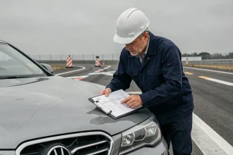 Ingénieur automobile analysant des données de freinage à 30 mph converti en km/h sur une piste d'essai