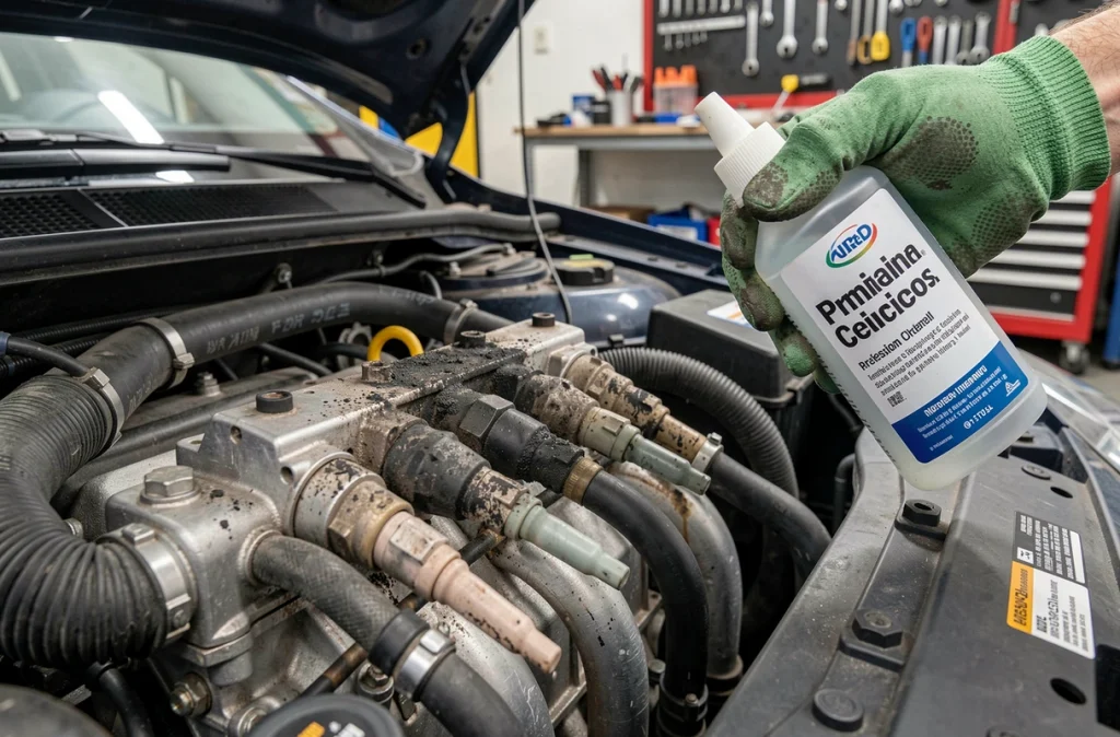 Gros plan sur les injecteurs d'une Renault Clio 5 avec dépôts de carbone et additif nettoyant pour circuit d'injection