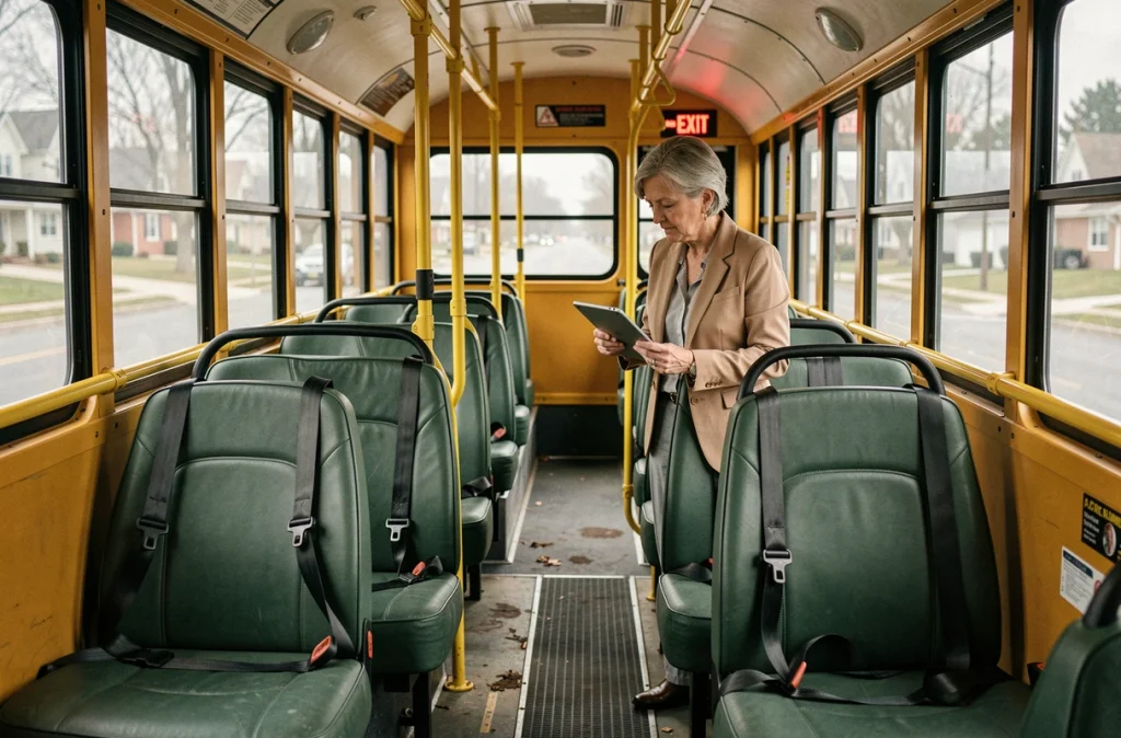 Inspectrice vérifiant les équipements de sécurité à l'intérieur d'un bus scolaire modernisé avec ceintures de sécurité